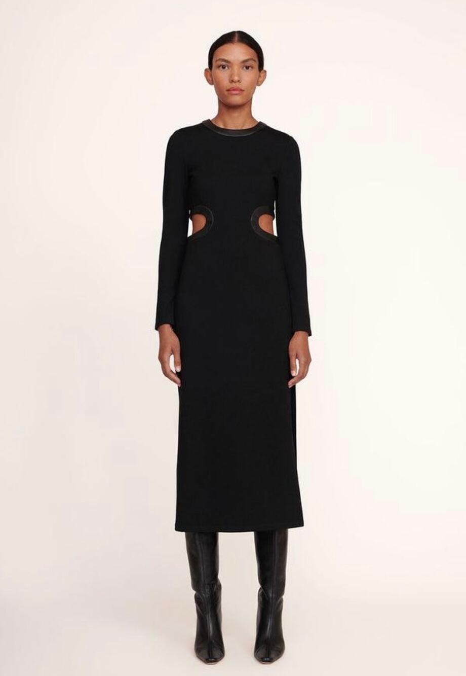 STAUD Dolce Black Cutout Vegan Leather Trim Midi Dress Size S $325